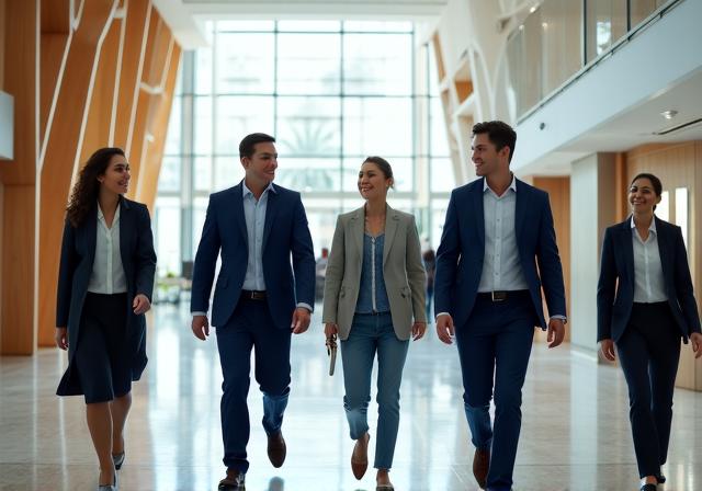 A diverse team collaborating in a workspace with clean modern lines