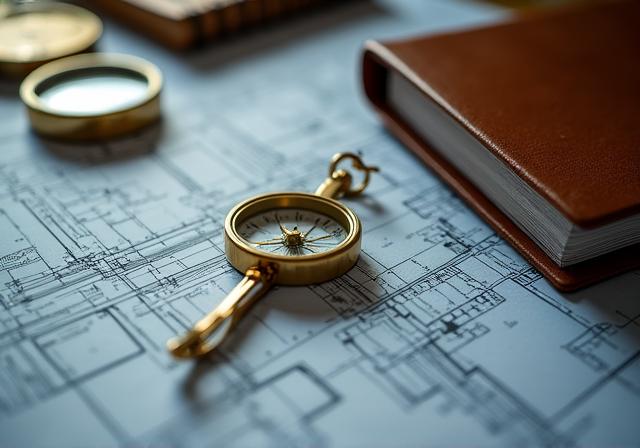 Close up of architectural blueprints and a compass representing ethical design