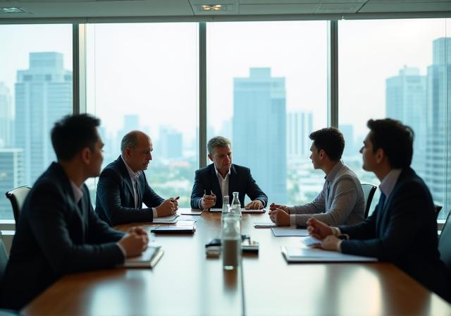 High-level executive meeting in a bright minimalist boardroom