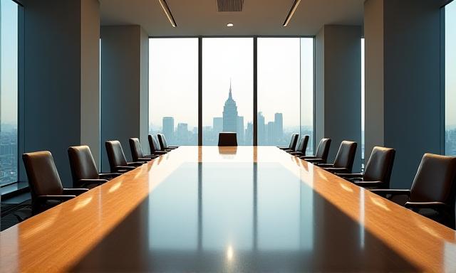 A minimalist boardroom setting with sunlight casting shadows of pillars