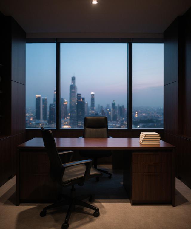 A sophisticated, minimalist executive study overlooking a clean city skyline, symbolizing clarity and reflection.