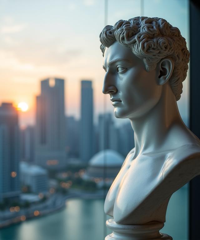 Ancient marble statue in a modern glass office representing the merger of wisdom and business