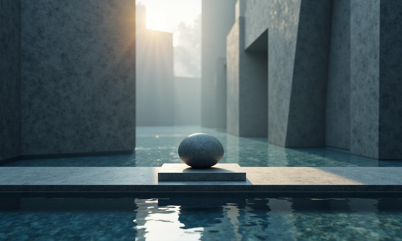 A conceptual image representing calm amidst turmoil with minimalist architecture