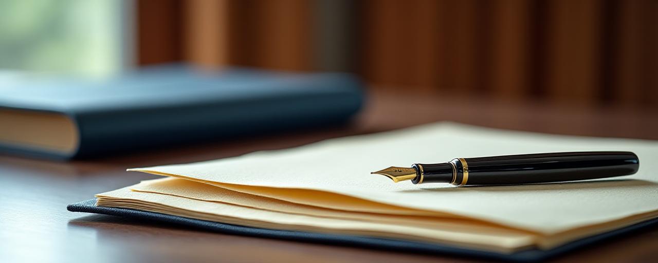 A professionally arranged desk with legal documents and a fountain pen, representing formal agreements